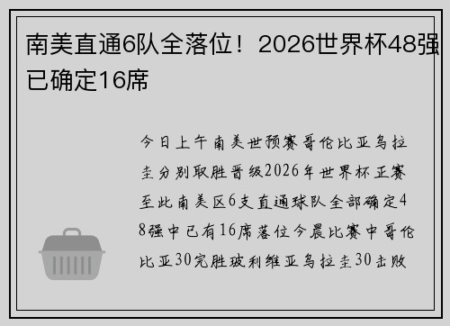 南美直通6队全落位！2026世界杯48强已确定16席